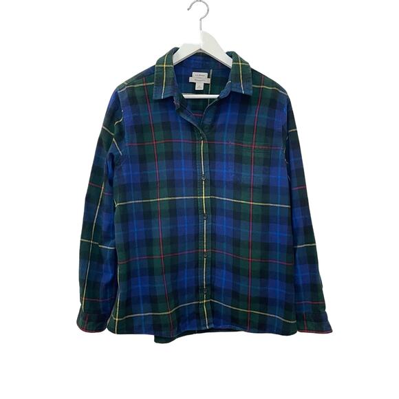 L.L. Bean Women's Relaxed Fit Blue Green Plaid Flannel Button-Down Shirt Size L - Picture 1 of 7